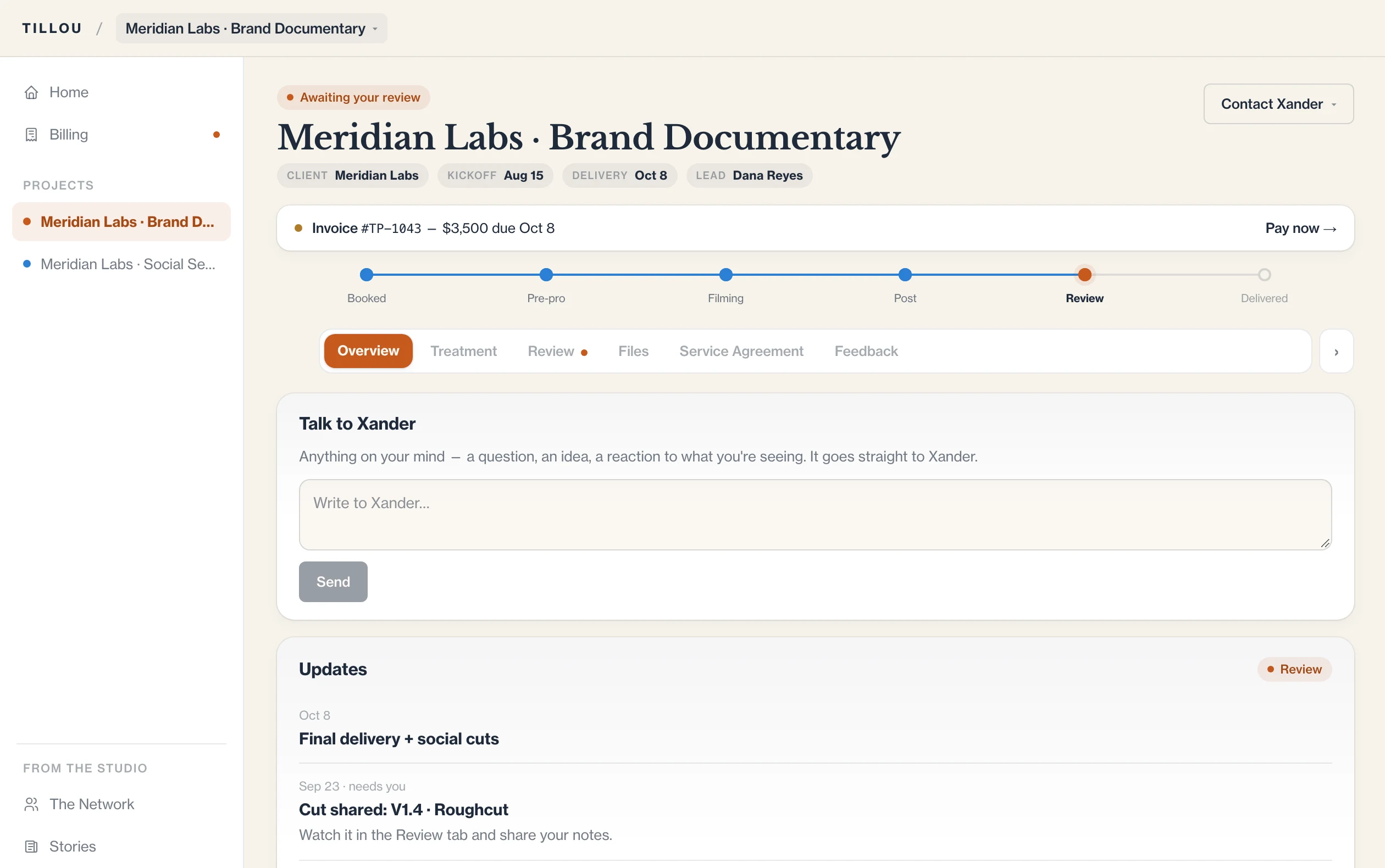 The Tillou Productions client portal — a project page with review status, invoice, phase progress, and updates
